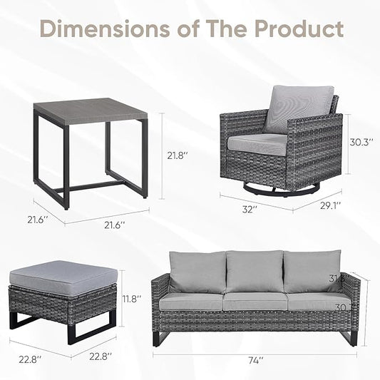 Wicker Patio Furniture Set, 6 PCS Outdoor Patio Furniture Set with Swivel Chairs, Includes 2 Swivel Patio Chairs, 1 Outdoor Couch, 1Side Table and 2 Ottoman, Grey/Grey