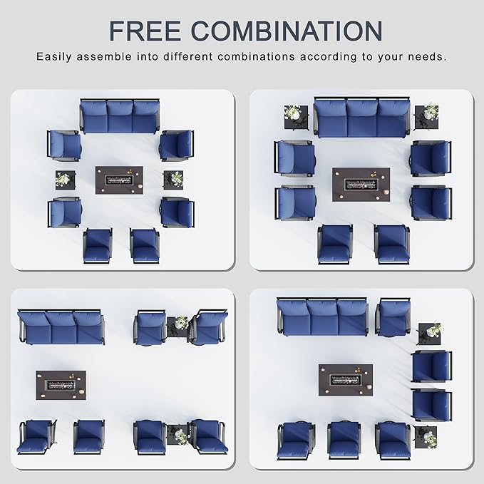 10 Pieces Modern Patio Furniture Set, All Weather Metal Outdoor Conversation Sets with Fire Pit Table for Backyard Garden Deck Porch Poolside, Blue