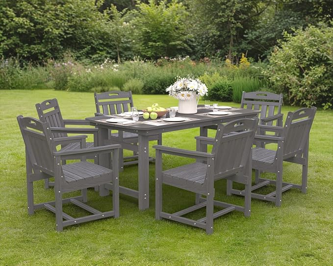 Ciokea HDPE Outdoor Dining Set 7-Piece Patio Table and Chairs with Umbrella Hole, All-Weather Patio Dining Set for 6, Durable Patio Furniture Set for Backyard, Garden, Lawn & Poolside, Grey