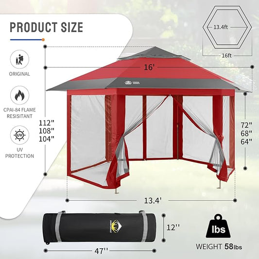 CROWN SHADES 13x13 Pop up Gazebo with Mosquito Nettings, Patented Center Lock 6-Sided Portable Gazebo, 300D Silver-Coated Fabric UV Resistant, Pop Up Canopy Tent for Patio, Party, Red&Grey
