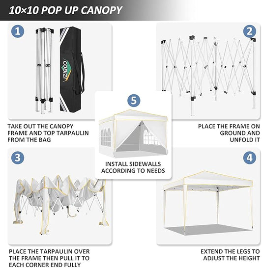 COBIZI 10x10 Pop Up Canopy, Party Tents for Parties Waterproof Outdoor Event Shelter with 4 Sidewalls and 4 Sandbags UV Protection 50+ Camping Commercial Wedding Portable Tent for Backyard, White