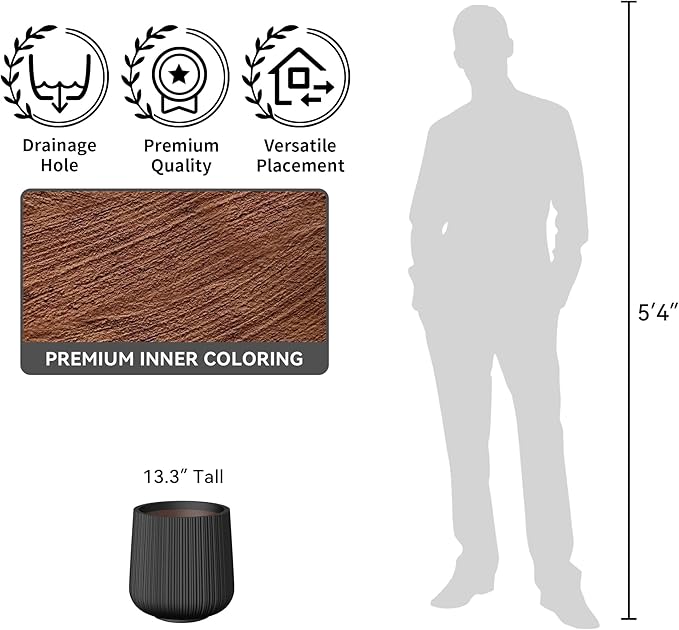 Kante 13.0" Dia Round Fluted Concrete Planter, Large Plant Pot with Drainage, Smooth Black Finish with Warm Brown Interior, for Indoor and Outdoor Use