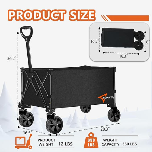 Collapsible Folding Wagon, 350lb Weight Capacity Collapsible Wagon with All-Terrain Wheels, Cup Holders and Adjustable Handle Utility Wagon, for Grocery Camping Garden Sports Shopping, Black