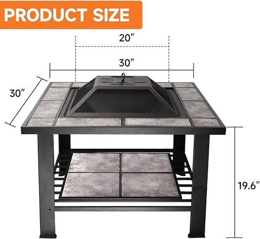30-Inch Square Fire Pit Table, Wood Burning Fireplace/Firepit with Marble Tile Tabletop, Mesh Lid, Fire Grate, Poker and Nylon Cover