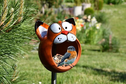 Ceramic Garden Decor - Cat Lawn stake - Bird Feeder - Outdoor statue - Perfect, unique gifts for gardeners woman, men - Handmade, Frostproof