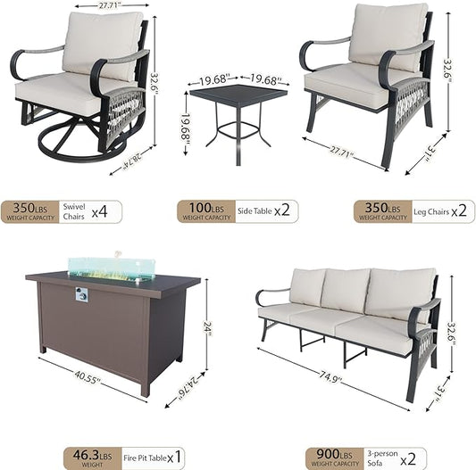 11 Pieces Outdoor Patio Conversation Sets with All Weather Cushions, Metal 2 Three-Seater, 4 Swivel Rockers, 2 Single Chairs, 2 Side Tables, 1 Fire Pit Table for Backyard Deck Porch Poolside, Beige