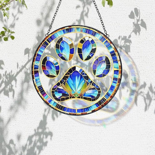 Dog Cat Paw Print Suncatcher Stained Glass Window Hanging - Handmade Stained Glass Panel Suncatchers for Windows Hanging - Sun Catchers Indoor Window Decor Memorial Catcher Remembrance Birthday Gift