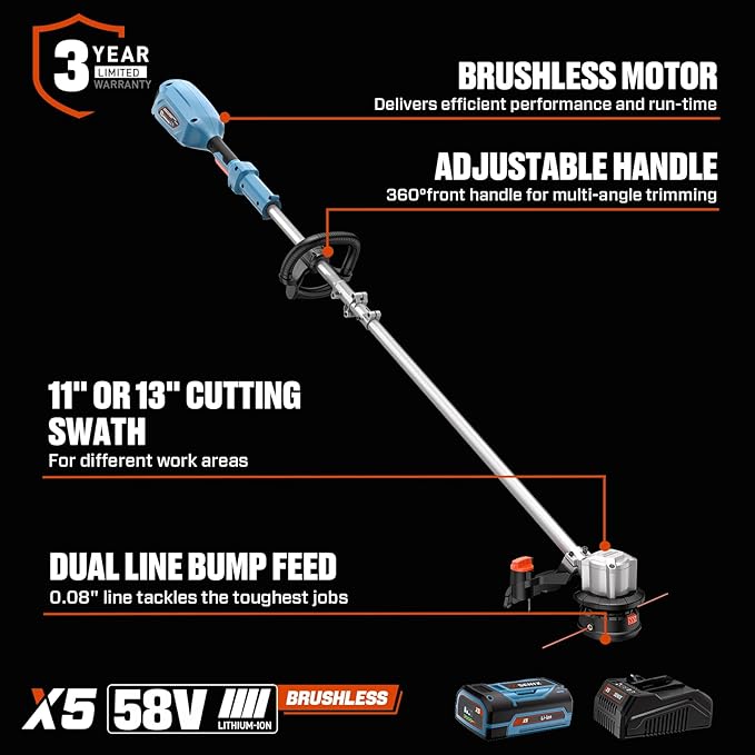 SENIX X5 58V MAX* 2-Piece Cordless Yard Tool Combo Kit with 11“/13" Brushless String Trimmer Weed Wacker,520CFM 3-Speed Leaf Blower,Includes 2.5Ah Battery & Charger (S5K2B1-01)