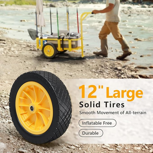 Bonnlo Beach Fishing Cart, Beach Wagon Trolley with 12" Big No-Flat Airless Tires, Foldable Beach Trailer with Large 36" x 16" Cargo Basket, 250 lbs Load Capacity, 7 Fishing Rods Holder