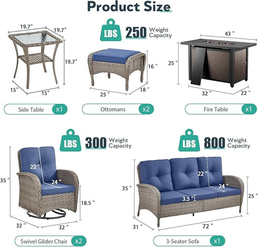 7 Piece Patio Furniture Set with Fire Pit Table - Wicker Patio Conversation Set with Swivel Glider, 3 Seat Sofa, Side Table and 2 Ottomans for Deck Backyard - Grey Wicker Blue Cushion