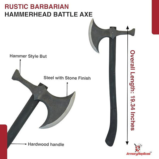 Armory Replicas™ Rustic Barbarian Hammerhead Battle Axe – 22.5" Steel Blade with Stone Finish & Wooden Handle – Versatile Tool for Camping, Outdoor Tasks