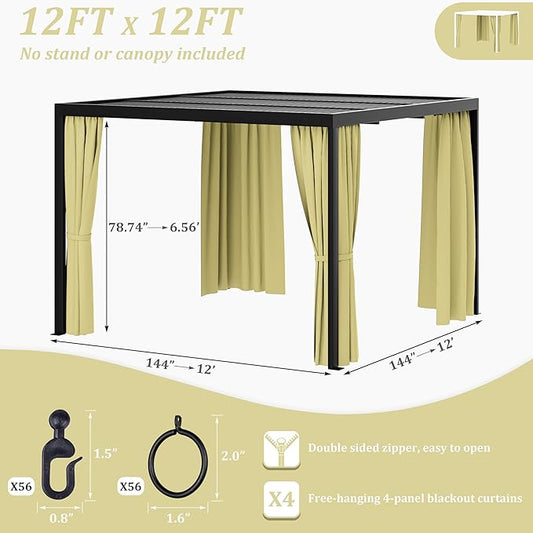 Gazebo Universal Replacement Privacy Curtain,12'×12' Gazebo Outdoor Waterproof Curtains, 4-Panels Sidewall Curtains with Double Zipper for Patio Canopy, Garden and Backyard (Curtain Only)