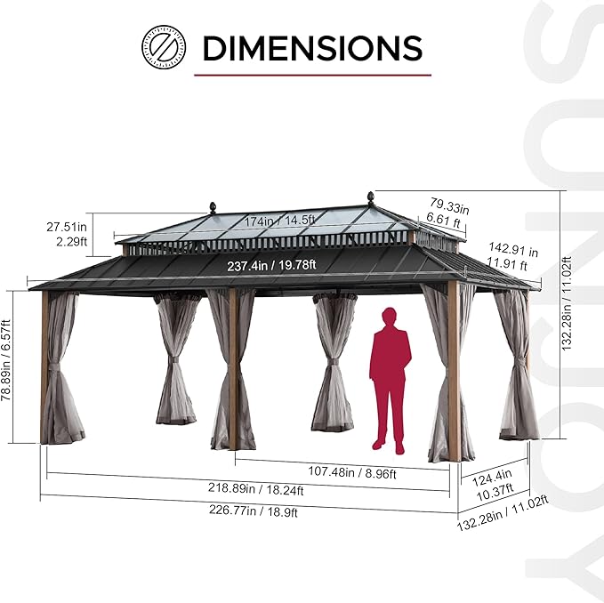 SUNJOY Kingston 20' x 12' Hardtop Gazebo with Galvanized Steel/Polycarbonate Double Roof, Curtain and Netting, Woodgrain Finish Aluminum Posts Permanent Pavilion Gazebo for Garden, Patio, Deck, Lawn