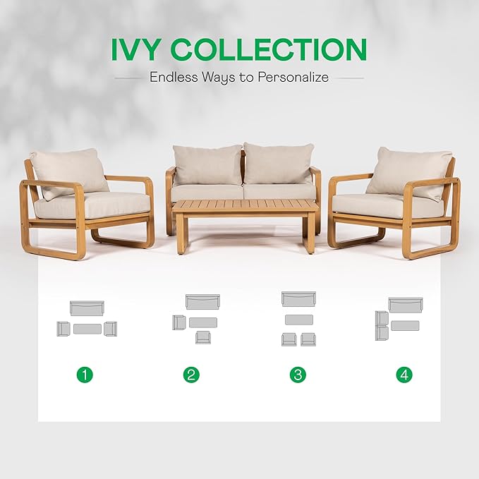 Idzo Ivy Wood Club Chair Set of 2 – Beige Fabric, Outdoor Wooden Armchair Seating with Cushions for Patio, Garden, or Balcony Relaxation