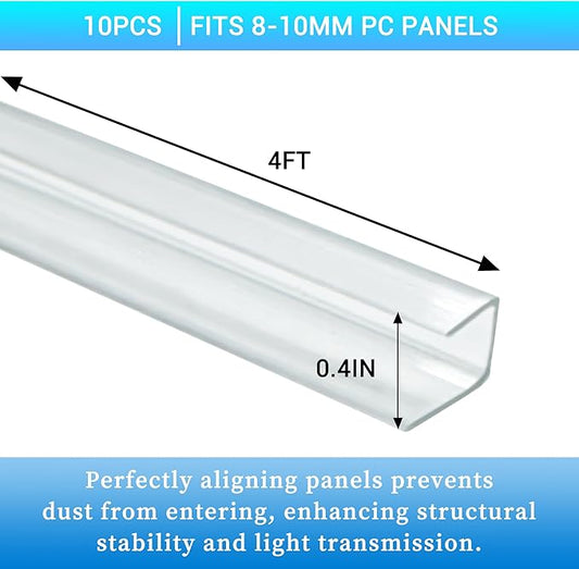 10 PCS Polycarbonate Greenhouse U Connector Profile 4ft Length Fits 0.32’’ & 0.4’’ Twin-Wall Polycarbonate Panels Duty Dust Rain & Moisture Protection Durabler (U-Clip 4' × 0.71’’ × 0.4’’)