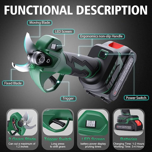 Cordless Electric Pruning Shears with 2×21V 2000mAh Batteries & LED Display, 1.2" Rechargeable Garden Pruning Shears for Thick Branches, Professional Landscaping Tools