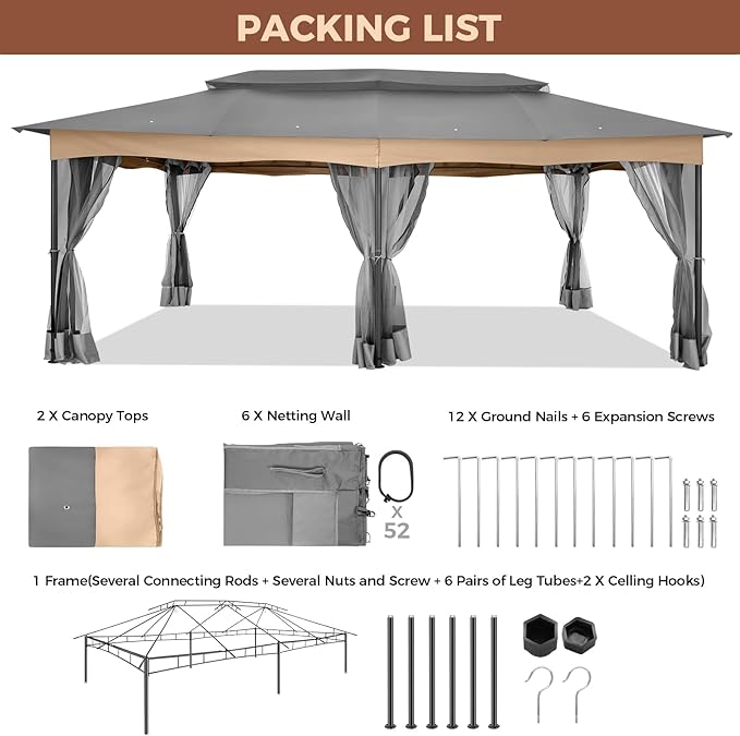 COBIZI Gazebo 12x20 Heavy Duty Gazebos with Improved Nettings Outdoor Gazebo Canopy Double Roof Patio Gazebos with Metal Steel Frame for Patio, Deck, Backyard (Gray)