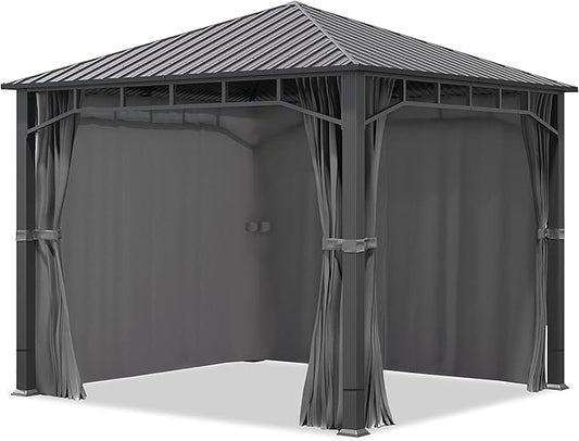 TOOLPORT Hardtop Gazebo 10x10 ft with Steel Roof - 4 Side Panels in Gray - Approx. 3.54x3.54 in Aluminium Poles