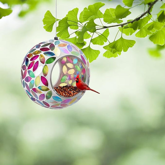 Yinns Bird Feeder - Mosaic Glass Birds Feeder Outside Hanging, Fly Through Bird Feeder with Oval Stained Glass, Outdoor Garden Decor, 6.5 inch Colorful