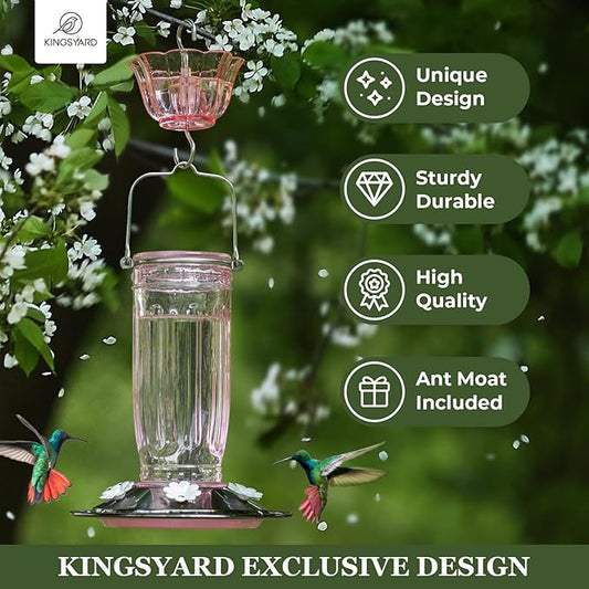 Kingsyard Glass Hummingbird Feeder for Outdoors Wild Bird Feeder with 6 Feeding Ports Hanging for Garden Yard, Pink (Ant Moat Included)