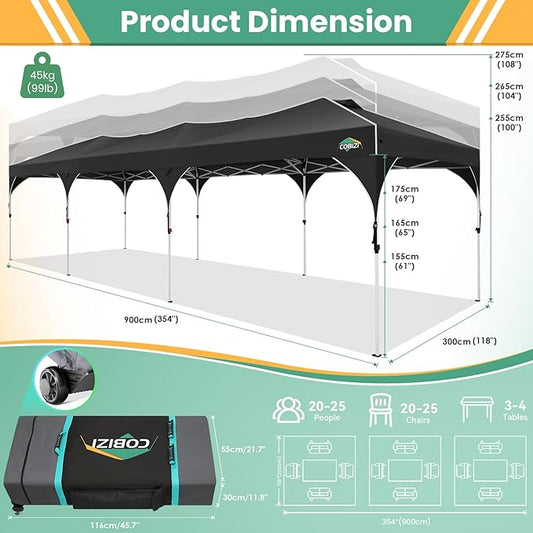 COBIZI 10x30 Party Tent: 10x30 Pop Up Canopy Tent with Wheeled Bag, Easy Up Canopy 3 Adjustable Heights,420D Waterproof UPF 50+ Fabric, Tents for Parties Wedding with 5 Removable Sidewalls, (Black)
