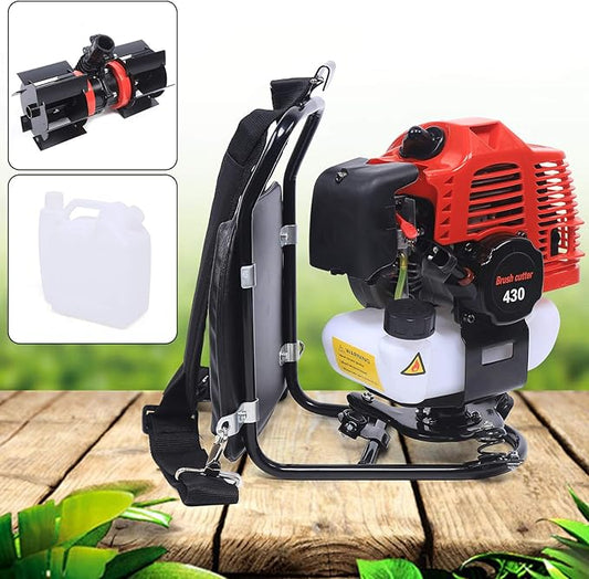 3 in 1 Backpack Brush Cutter Tiller, 43cc 2 Stroke Gas Powered Grass Hedge Trimmer Air-Cooled Single Cylinder Cultivator Lawn Mower for Farmland Weeding, Harvesting, Clearing (Head 1E40F-5)