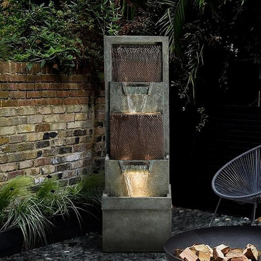 39.3" Outdoor Garden Water Fountain - Outdoor/Indoor Waterfall Floor-Standing Fountains with LED Lights for Yard, Floor Patio, Backyard and Home Art Deco
