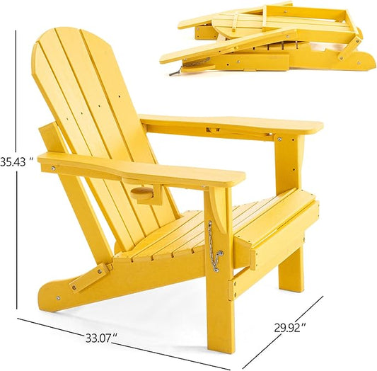 Folding Adirondack Chair, HDPE Outdoor Texture Lawn Chair with Reclining Back, Cup and Phone Holder - Comfortable Firepit Chair Weather Resistant for Patio or Backyard (Yellow, Set of 4)
