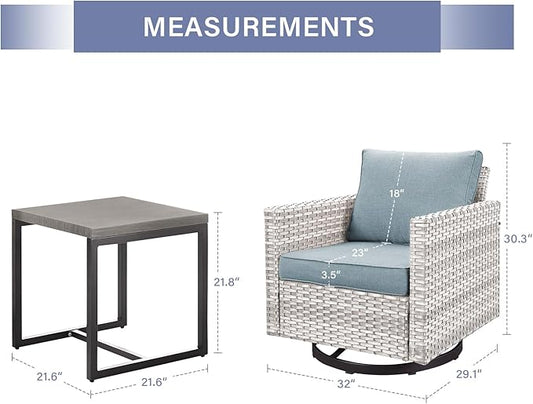 Outdoor Patio Swivel Rocker Chairs - 3 Piece Wicker Patio Furniture Bistro Swivel Rocking Chairs Set with Comfortable Cushions,Sturdy Metal Frame and Side Table for Porch Deck(Light Grey/Sky Blue)