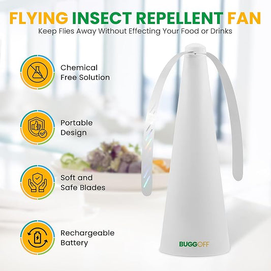 BUGGOFF Black Fly & Flying Insect Repellent Fan with Twin Blades, Table top & Hangable, Battery Powered USB C Chargeable, Cable Included. Safe Blades with Auto Stop. 4 Pack