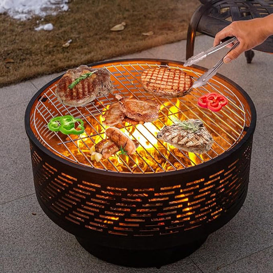 26" Wood Burning Fire Pits with Grill & Lid, Fire Pit Table for Outside with Waterproof Cover & Fire Poker, Outdoor Firepit with Functions for BBQ,Table and Bonfire