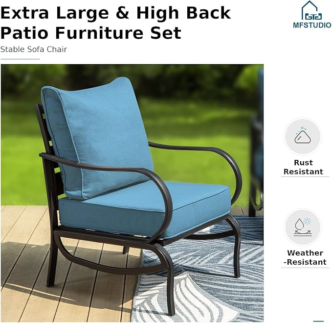 MFSTUDIO 8 Pieces Patio Furniture Sets with 45" Gas Fire Pit Table(Up to 9 Seat), Outdoor Metal Conversation Sofas with 1 x 3-Seat Sofa, 2 Single Chairs, 2 Rocking Chairs and 2 Ottoman, Navy Cushion