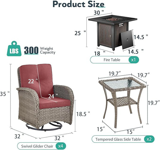 7 Piece Patio Furniture Set with Fire Pit Table - Wicker Patio Conversation Set with 4 Swivel Glider Chairs and 2 Tempered Glass Side Tables for Deck Backyard - Grey Wicker Red Cushion