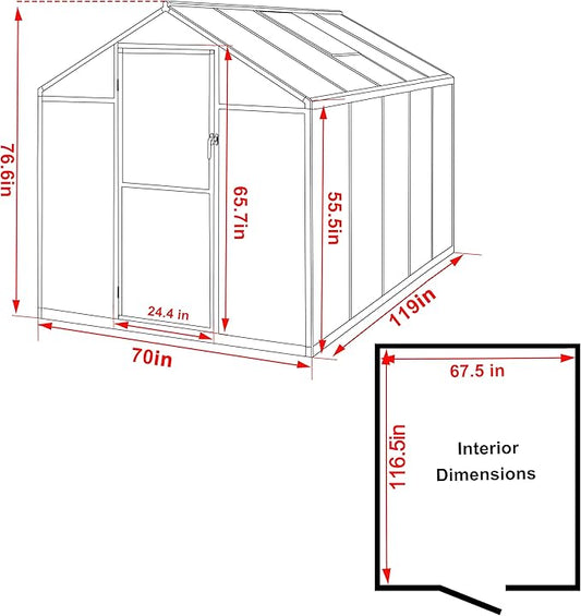 BlueWish 6x10FT Greenhouses for Outdoors, Aluminum Greenhouse with Adjustable Vents, Rivet Structure, Walk-in Green House with Polycarbonate, Heavy Duty Greenhouse Kit for Garden, Gray