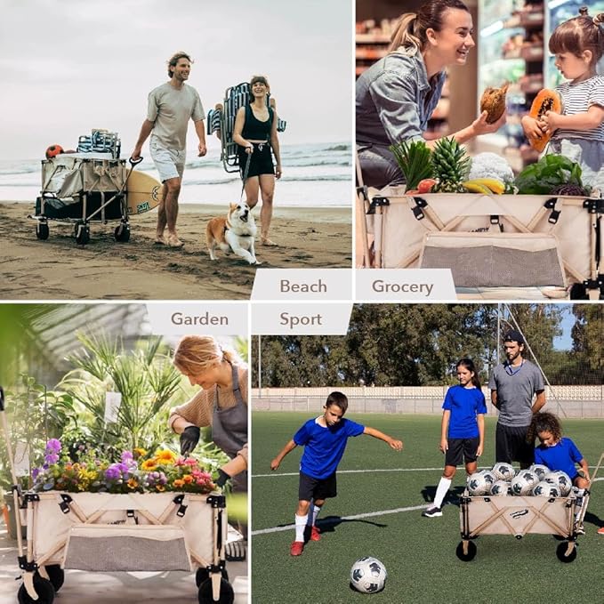 400L Collapsible Folding Double Decker Beach Wagon |Heavy Duty Utility Cart Extender|Supports 450lbs|All-Terrain Big Wheels with Breaks for Sports Camping (Grey/Grey)