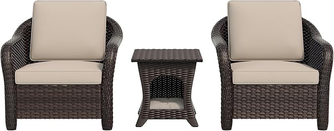 Vista Vibe Outdoor Rattan Chairs Set of 2 with Coffee Table, All-Weather Patio Conversation Furniture Set with Washable Cushions &Hand-Woven PE Rattan, Garden, Bistro, Deck, Yard (Beige)