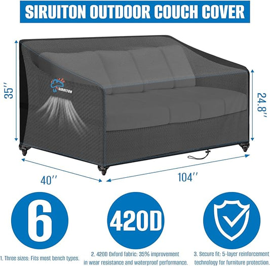 SIRUITON 3-Seat 104" W x 40" D x 35" H Garden Patio Sofa/Loveseat/Bench Cover, Heavy Duty 420D Oxford Waterproof Outdoor Sofa Cover, Lawn Patio Furniture Covers