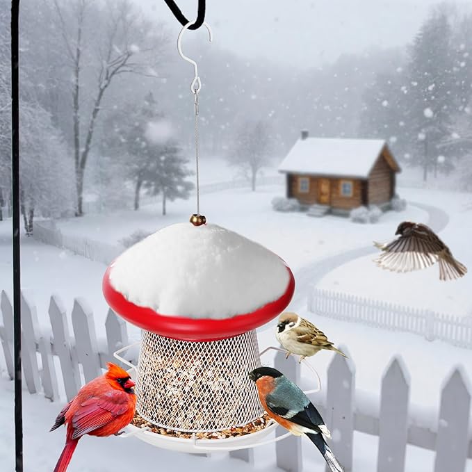 Bird Feeder, Heavy Duty Metal Bird Feeders for Outdoor Hanging, Cute Mushroom Shape 3.5 LB Large Capacity Wild Birdfeeder for Outside Garden Yard (Red)