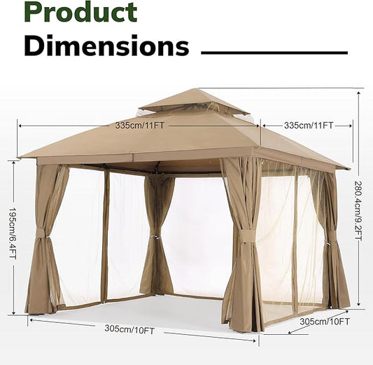 MASTERCANOPY 11'x11' Outdoor Patio Arch Gazebo with Double Roofs, Mosquito Nettings and Privacy Screens for Backyard, Garden, Lawn, Khaki