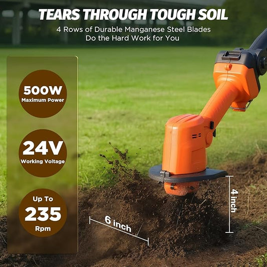 24V Cordless Mini Tiller Cultivator - Lightweight 1.5kg Rototiller, 4" Working Width, 235RPM with 4 Rows Tines for Effortless Gardening - Includes 2x1.5Ah Batteries & Charger
