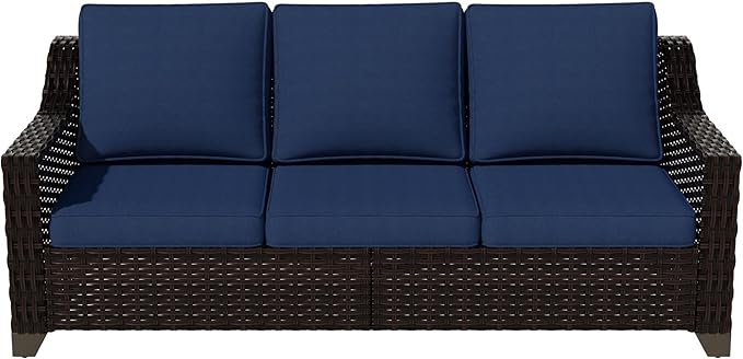 Vista Vibe 78" Patio Wicker 3-seat Sofa, Deep Seat & Upholstered Loveseat, Outdoor All-Weather Rattan Couch with Removable Cushions, Steel Frame Couch for Garden, Poolside (Brown/Navy)