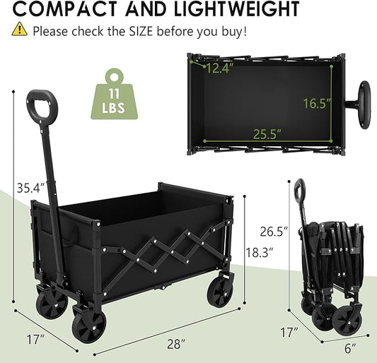 ZENPETIO 28" Collapsible Wagon Cart with Wheels Foldable, Tail Expansion 360lbs Portable Utility Beach Wagon,Lightweight Folding Cart for Outdoor Shopping Sports Camping