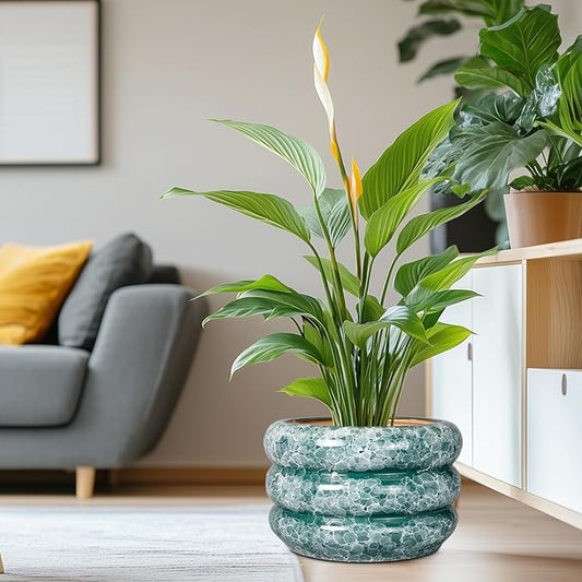 SQOWL Ceramic Planter for Indoor Plants 13.5 Inch - Large Plant Pot with Drainage Hole Outdoor Flower Pot Round Planter Decorative Plant Pot for Garden Bathroom Decor Green