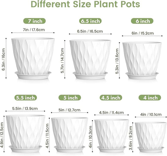 7/6.5/6/5.5/5/4.5/4 inch Plant Pots for Indoor Outdoor Plants, 7 Pack Thick Flower Pots with Drainage Holes and Saucers, Modern Wave Texture Plastic Planter Pots for Nursery, Succulent, White