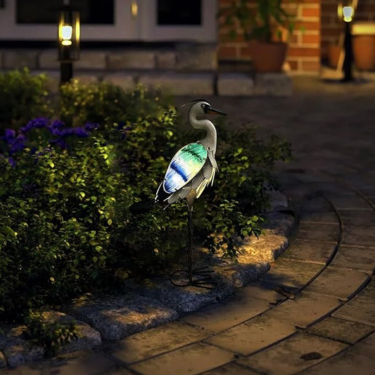HONGLAND Solar Metal Crane Statue Garden Heron Sculpture, Glass Outdoor Heron Yard Art Coastal Ocean Bird Decor Lawn Ornament for Backyard Porch Patio Decor(24 Inch)