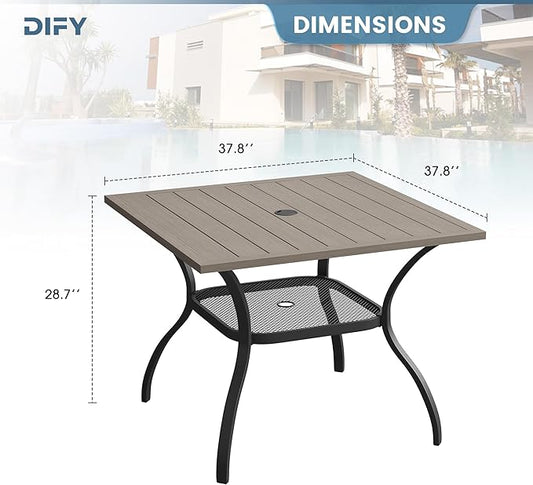 DIFY Outdoor Dining Table, Patio Square Metal Dining Table with 1.57" Umbrella Hole for 4 Person, Ideal for Poolside, Deck, Garden and Balcony, Grey Wood-Like