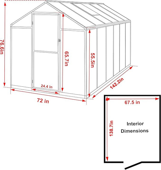 MUPATER 6 x 12 FT Outdoor Greenhouse, Polycarbonate Greenhouse with Aluminum Frame, Walk in Green House Plastic Kit Heavy Duty, W/ Lockable Door and Ajustable Roof Vent for Backyard, Garden, Grey
