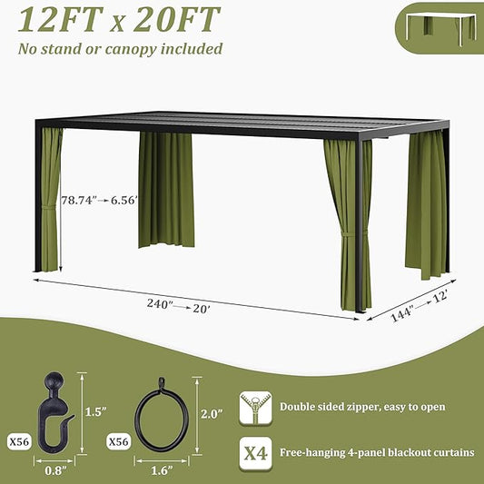 Gazebo Universal Replacement Privacy Curtain,12'×20' Gazebo Outdoor Waterproof Curtains, 4-Panels Sidewall Curtains with Double Zipper for Patio Canopy, Garden and Backyard (Curtain Only)