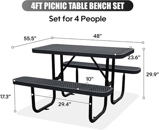 4FT Outdoor Picnic Tables,Heavy-Duty Metal Rectangular Picnic Table,Expanded Metal Commercial-Grade Table with 2 Benches & Umbrella Hole,Waterproof Coating Beach Table for Patio,Garden, Backyard