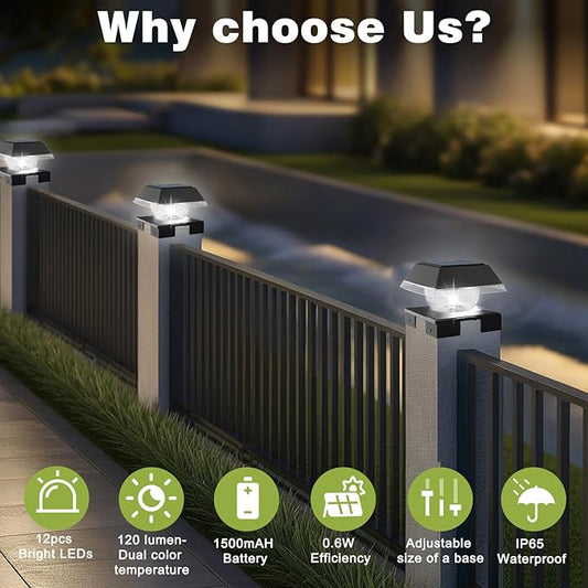 INDARUN Solar Post Cap Lights, Solar Fence Deck Post Lights Outdoor Fit 4x4 5x5 6x6 Wood Posts, Vinyl 4x4 Post Caps, 120 Lumen, Cool White & Warm White, Landscape Lighting for Patio, Porch, Yard